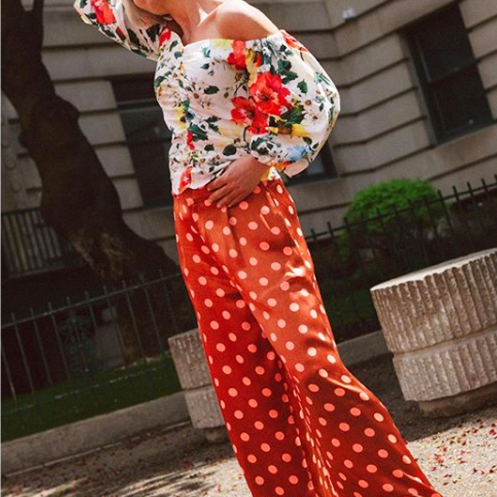 Zara Orange and White Polka Dot Wide-Leg Pants size XS - Picture 3 of 6